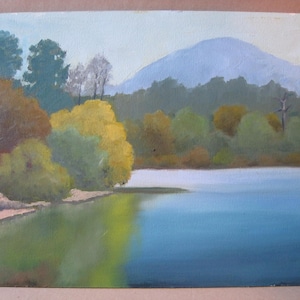Vintage Lake Mountain Oil Painting: Signed Fall Landscape Art (10x12)
