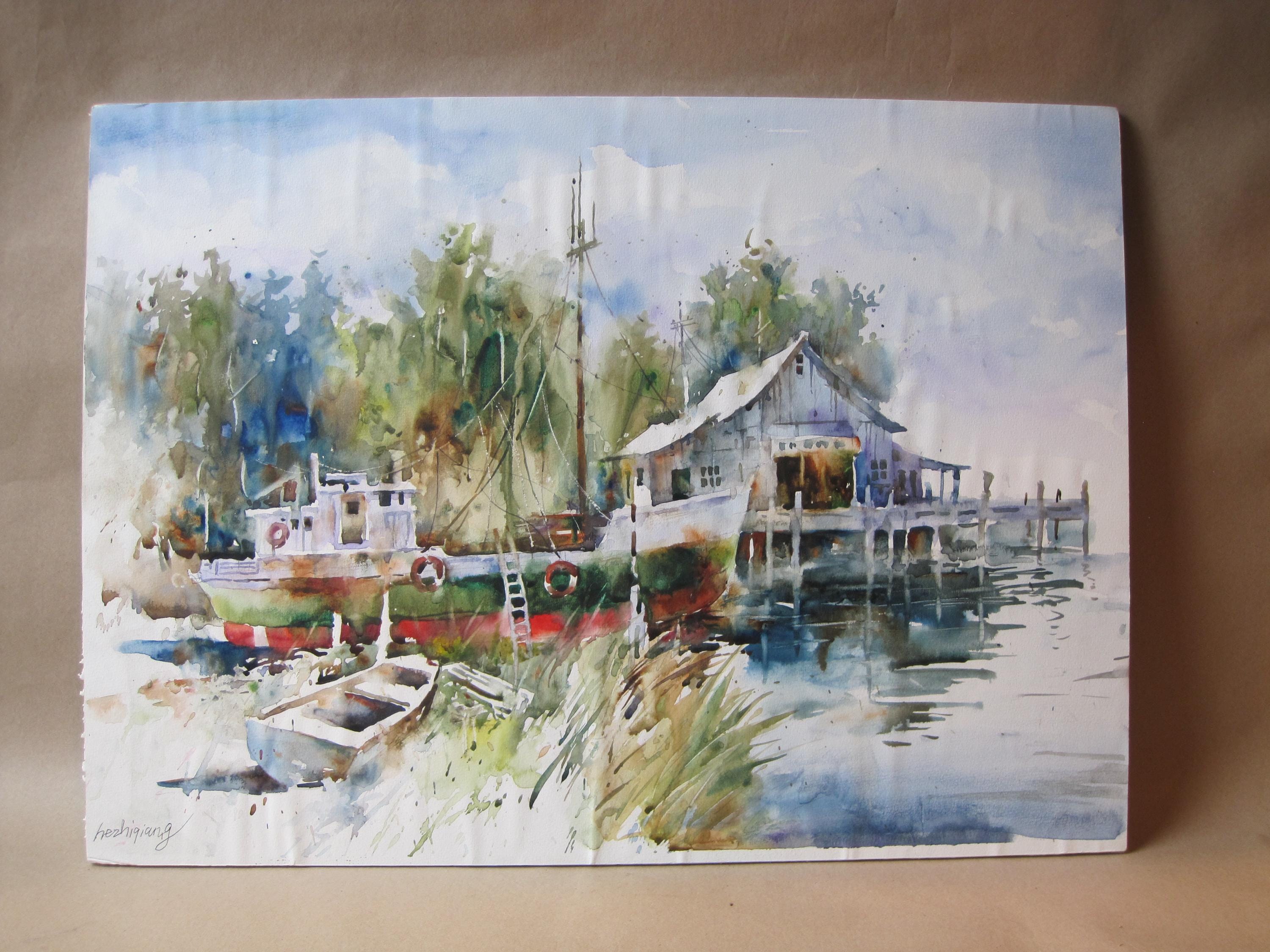 織田義郎　水彩画 Harbor Scape III 296/300 織田義郎 水彩画 Harbor Scape III 296/300