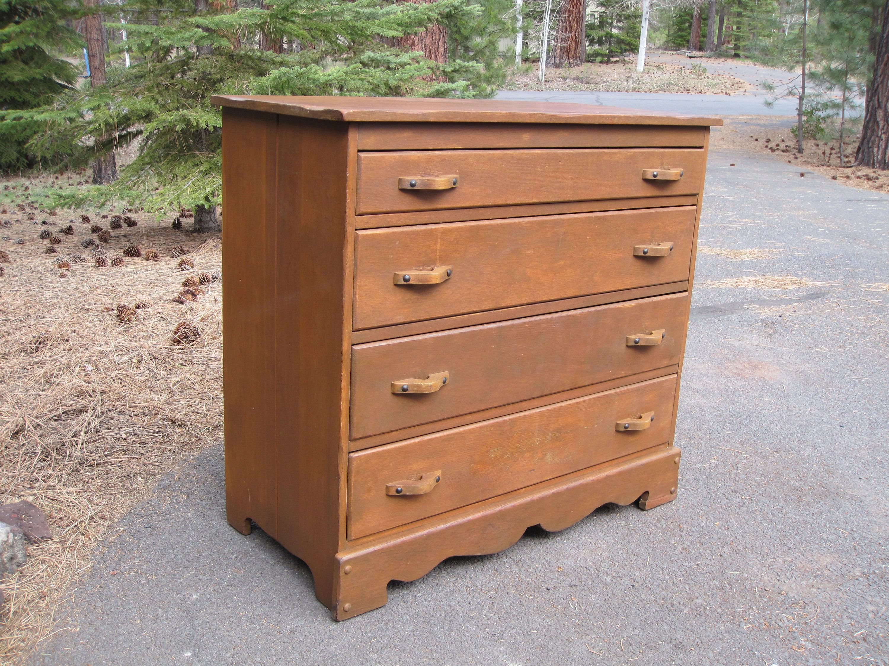 Antique Wooden Doll Trunk with 4 Wooden Drawers and Clothes