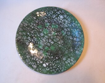 Vintage Enamel Copper Dish Plate Tray Mid Century Modern Blue Green Spotted Design Coupe Bowl 12"
