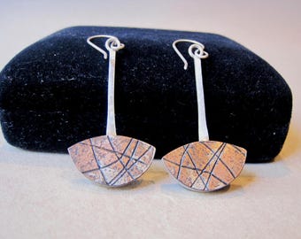 Artisan Made Sterling Dangle Earrings Two-Toned Textured Modern