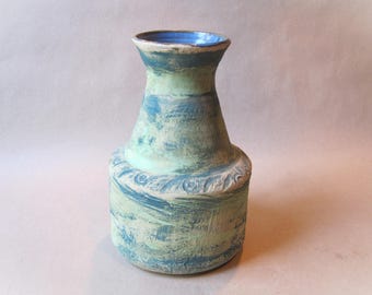 Vintage 8" Pottery Pot Vase Mid Century Modern Artist Made Round Flare Lip Vessel Green Blue Stamped Signed Wheel Thrown