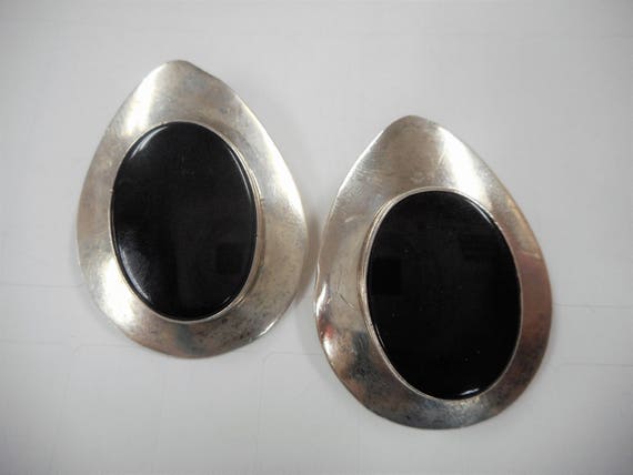 Large Sterling Onyx Post Earrings With Oval Stone… - image 1