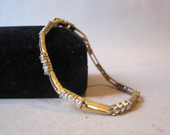 Vintage Sterling With Gold Vermeil Prong Set CZ Link Bracelet  7'L x .125"W