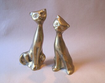 Vintage Brass Alley Cat Pair Metal Sculptures Mid Century Modernist Set/2 Hollywood Regency Gold Long Neck Kitty Gold Toned Art Objects