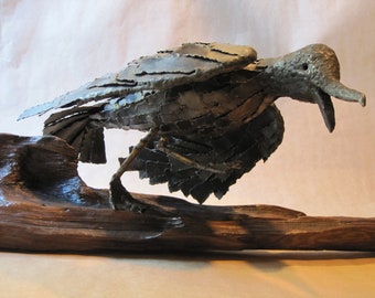 Vintage Life Sized Brutalist Metal Duck Sculpture on Burl Wood Base Mid Century Modern Shelf MantleTable Top Metal Art Artist Signed 1970s