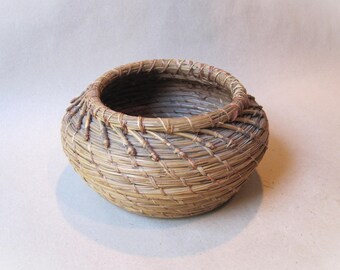 Vintage 7" Pine Needle Coiled Basket Hand Made Native American Style Basket Bowl Pacific Northwest Artisan Herb Container