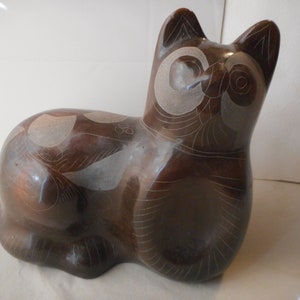 Tonala Cat Figure Large Vintage Hand Made Pottery Mexico Oaxaca Black Clay Ceramic Kitty Mid Century Modern