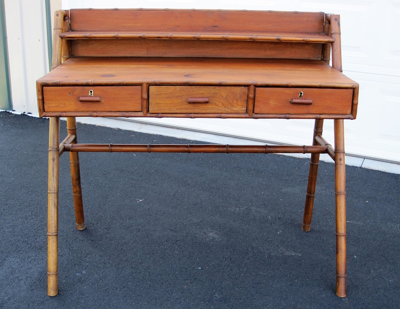 1900s Teak Writing Desk Bamboo Trim Turned Leg Detail Compass Leg 3 Drawers Shelf English Victorian Oriental Period Japan Secretary Table