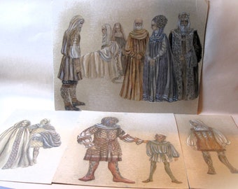 Artist Signed Renaissance Costume Drawings: Elizabethan Royalty Set of 4