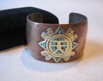 Wide Vintage Mexico Brass Copper Cuff Bracelet 1970s Mexican Jewelry Polished Mixed Metal Inlaid Stone Turquoise
