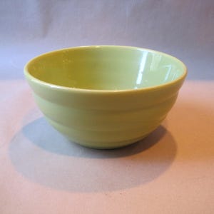 May include: A light green ceramic bowl with a rounded shape and a smooth, glossy finish. The bowl has a series of horizontal ridges around the exterior.