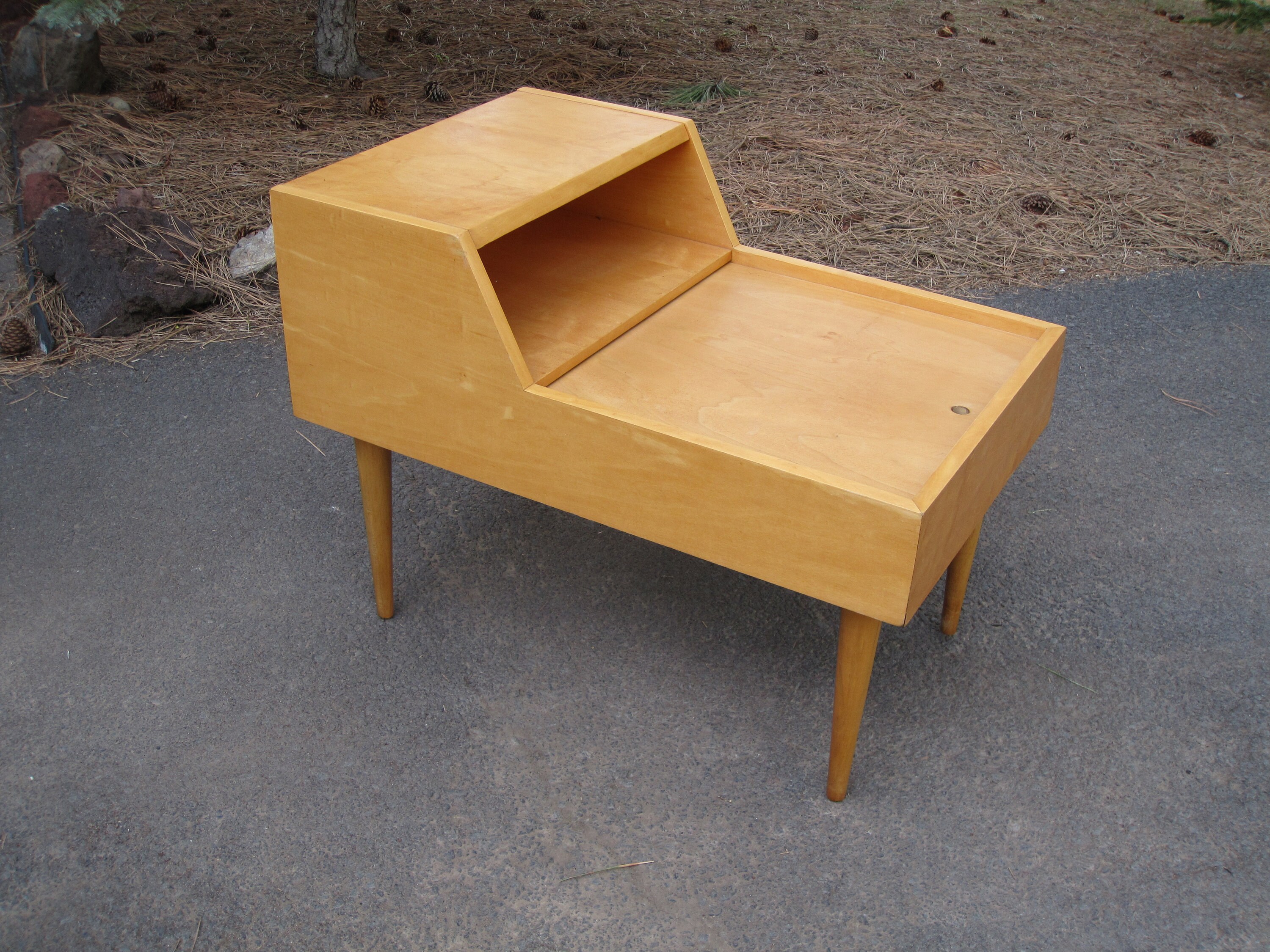 Vintage 1950s Atomic End Table Slide Top Storage Mid Century