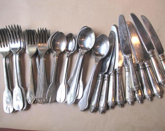 Vintage 54pc Pottery Barn "Antique Silver Sentiment" Plated Flatware Set: Engraved Word Mismatched Handle Discontinued