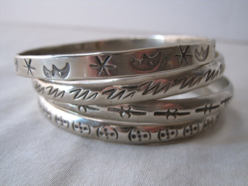 4 Vintage Solid 925 Sterling Silver Stacker Bangle Bracelet S4 Stamped Designs Mexico