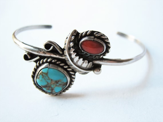 Vintage Native American Sterling Turquoise Red Coral Old Pawn Cuff