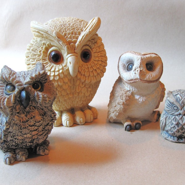 Four Vintage Mid Century Owls Stone Critters Norleans Mt St Helens Ash Set of 4 Retro Figurines Bird Collection Woodland Nature Decor 2"-5"H