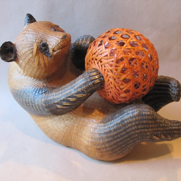 Vintage 12"L Panda Bear Sculpture Woven Wicker Basket Figure With Orange Ball in Ball Shanghai HandiCrafts Lacquer Finish Chinese Art 1970s