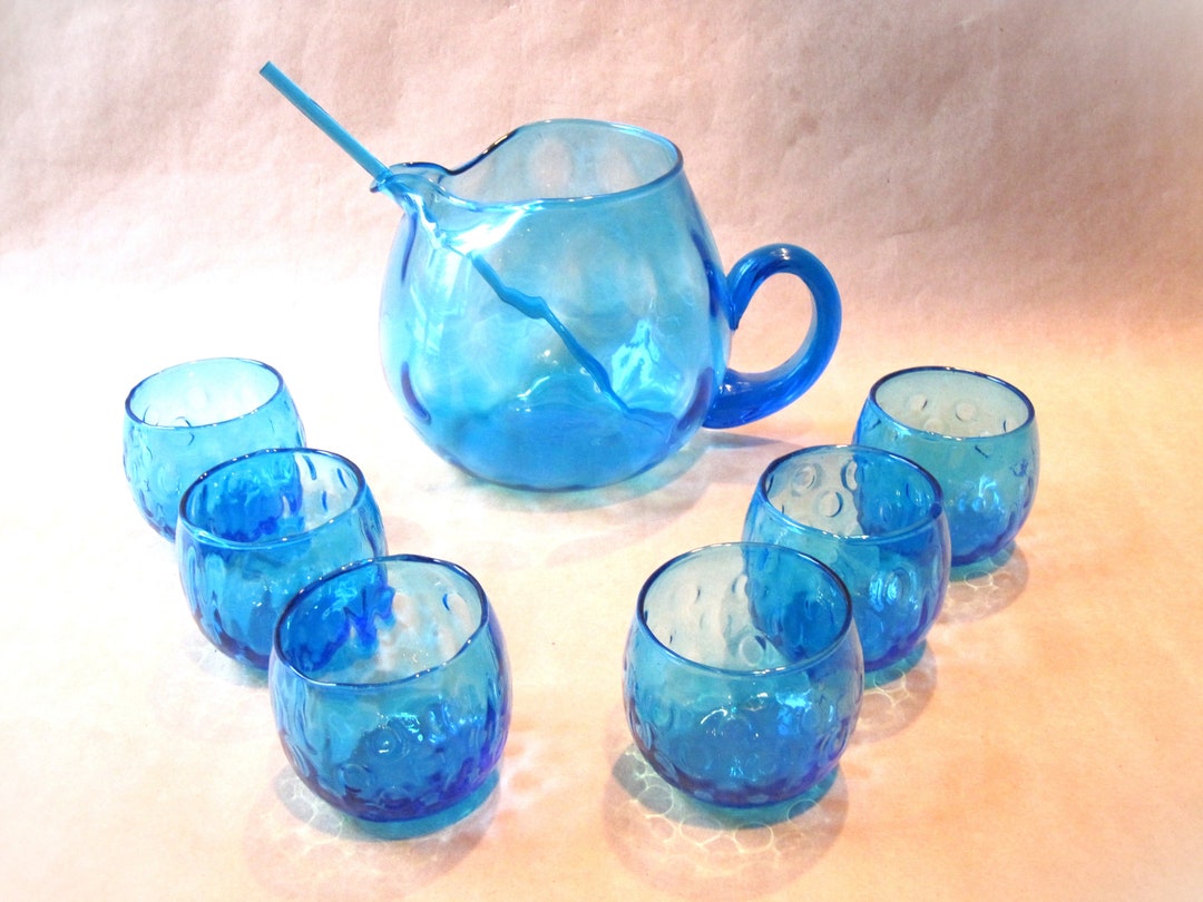 Vintage Italian Art Glass Martini Pitcher Barware Set Retro 6 Cocktail