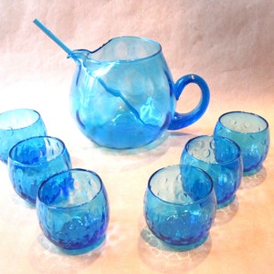 Vintage West Virginia Glass Blue Paisley Cocktail Pitcher Set