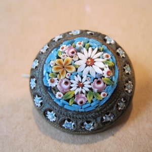Vintage Blue Floral Pin Brooch Italian Micro Mosaic Antique Hook Tube Hinge Clasp .75&quot; Round Flower Miniature Tiny Tiled Glass Italy  AS- IS