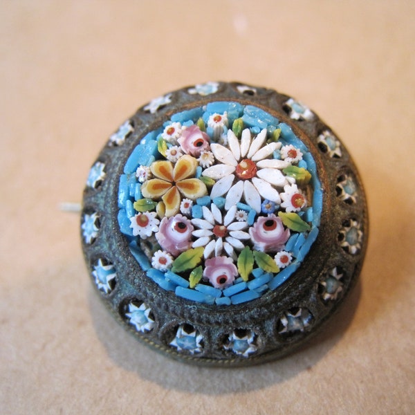 Vintage Blue Floral Pin Brooch Italian Micro Mosaic Antique Hook Tube Hinge Clasp .75" Round Flower Miniature Tiny Tiled Glass Italy  AS- IS