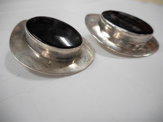 Large Sterling Onyx Post Earrings With Oval Stone… - image 2