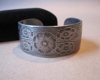 Vintage Wide Pewter Cuff Bracelet Chased Floral Engraved Jewelry Salisbury Pewter "October" Cosmos Flowers