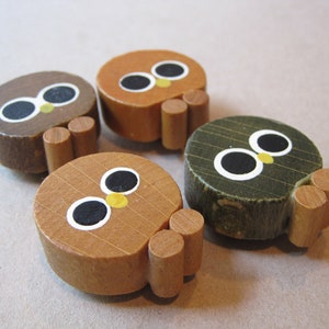 Set of 4 Vintage Mid Century Modern Owl Refrigerator Fridge Magnets Takahashi Round Wood Owls With Big Eyes Retro 1970s