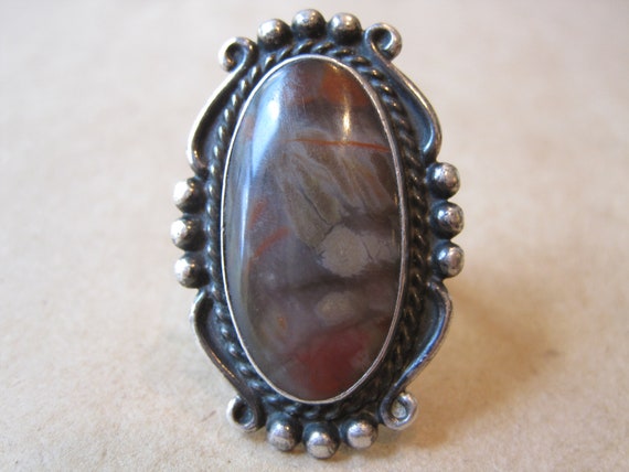 Vintage Navajo Sterling Stone Ring Sz 6 Oval Brow… - image 1