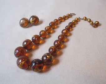 Vintage Nettie Rosenstein Art Glass Beaded Necklace & Earrings Set: Amber Gold Graduated Beads