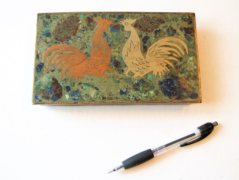 Los Castillo Brass Lapis Roosters Box Inlaid Stone Mid Century Modern Mosaic Hinged Lid Taxco Mexico Metal Art Rosewood Lined Jewelry Case