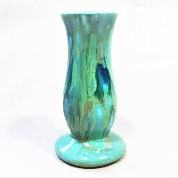 Vintage Monterey Jade Signed  6" Vase Green Blue Drip Glaze Mid Century Modern Artist Made Marbled Ceramic Small Bud Vase California Pottery