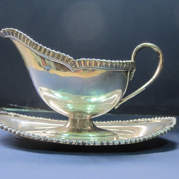 Antique Silver Sauce Boat with Tray Serving Dish Bowl Gravy Pitcher E.G. Webster & Son Hallmark EPNS