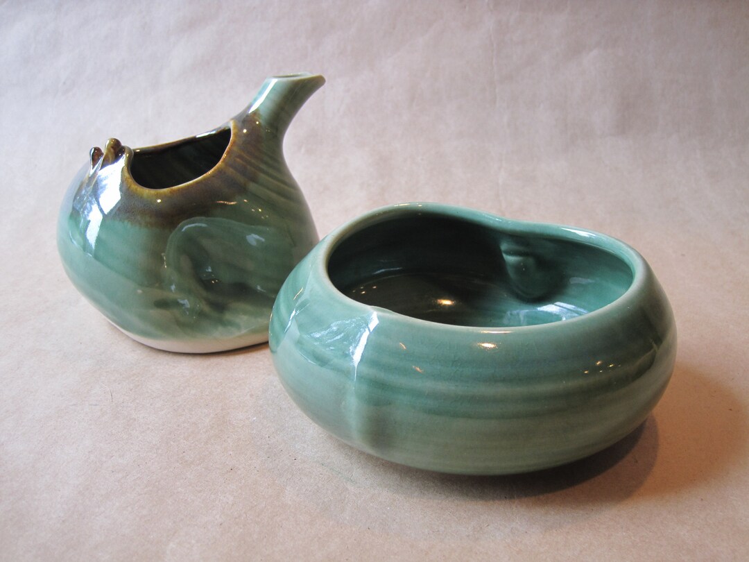 Vintage Artist Made Pottery Creamer & Sugar Bowl Green Brown Etsy