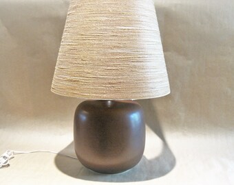 Vintage Lotte & Gunnar Bostlund Art Pottery Table Lamp Mid Century Squat Matte Glazed Rust Ceramic Danish Modern Original Jute Shade