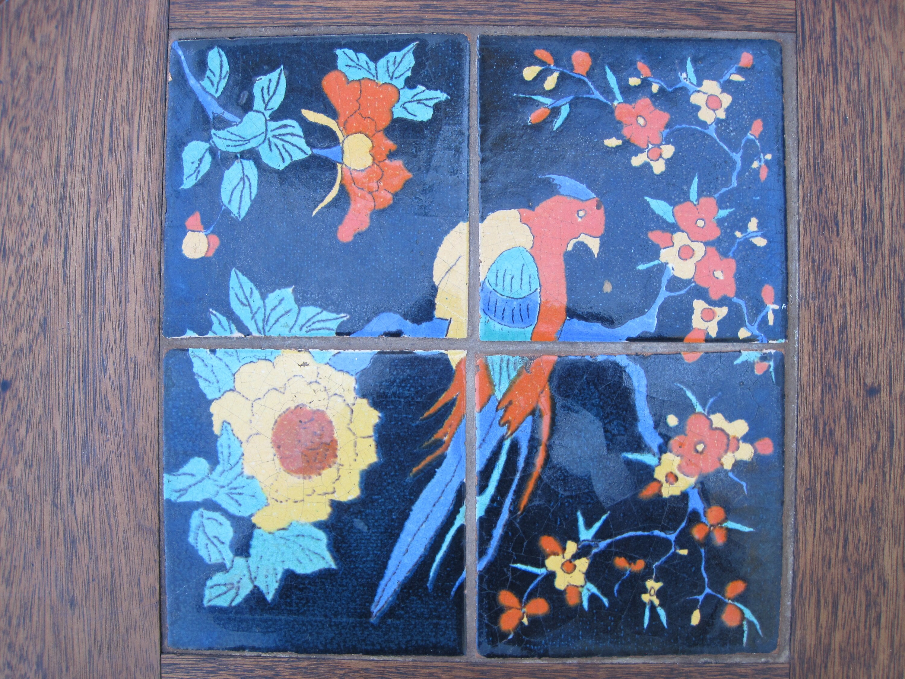 Vintage Tile Top Table: Octagonal Bird Parrot Arts & Crafts Side