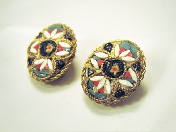 Vintage Clip On 1960s Italian Micro Mosaic Earrin… - image 2