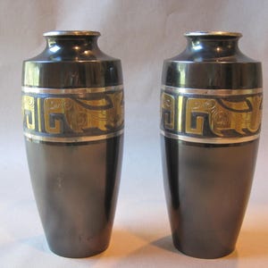 Pair Vintage Art Deco Neo Classical Urn Shaped Metal Vases Vessels Brass Silver Banded Relief Detail Egyptian Revival  8.5"h Gunmetal Finish