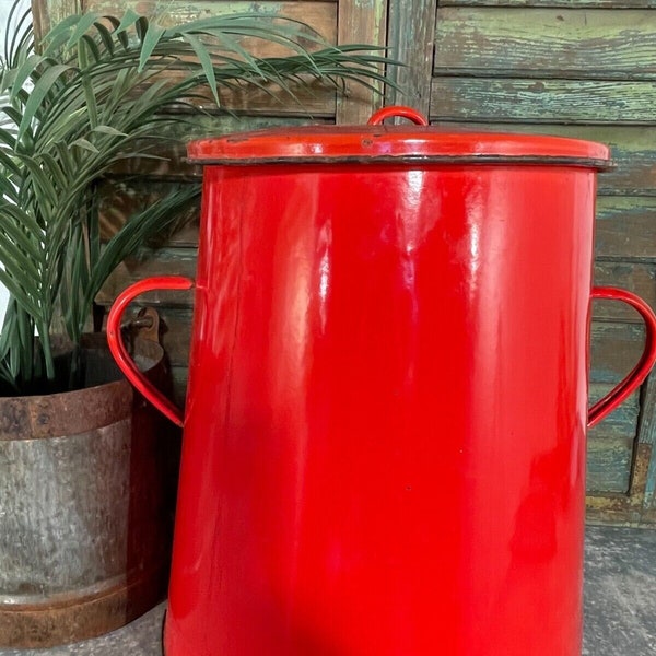 Vintage 1960's Red Hungarian Enamel Kitchen Storage Bin Pot Tub Jar Bread Flour