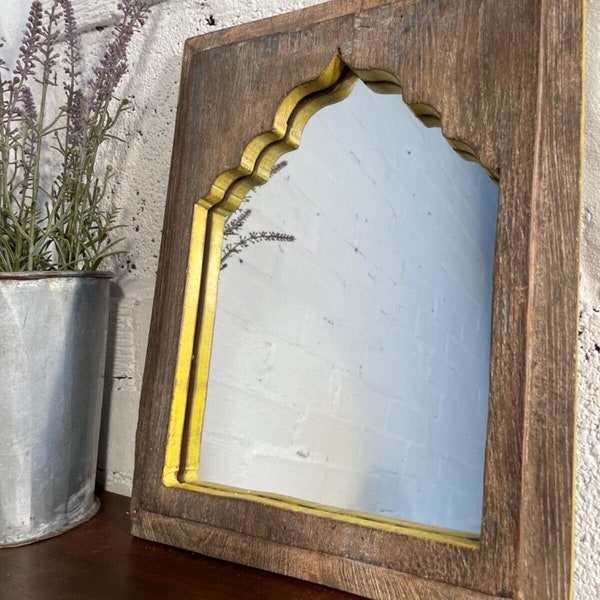 Vintage Rustic Reclaimed Indian Temple Wooden Bathroom Hallway Wall Mirror