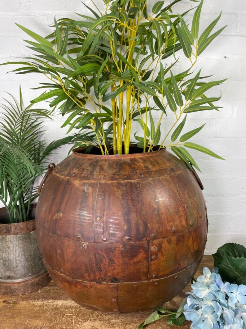 Large Reclaimed Rustic Hand Made Rusty Riveted Iron Ball Garden Planter