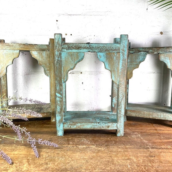 Vintage Blue Reclaimed Indian Wooden Arched Temple Shelf Wall Display Shelves