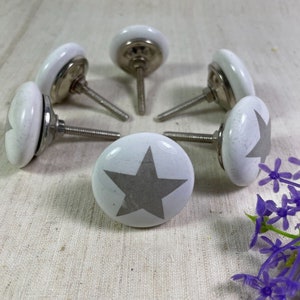 May include: Six white ceramic cabinet knobs, each featuring a grey star design. The knobs have silver metal bases and screws. They are arranged in a circle. A sprig of purple flowers is in the background.