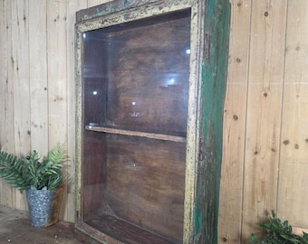Vintage Indian Wooden Glazed Display Bathroom Kitchen Herb Spice Wall Cabinet