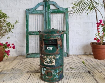 Green Vintage Rustic Original Indian Metal Wall Mounted Letter Post Box Garden Feature