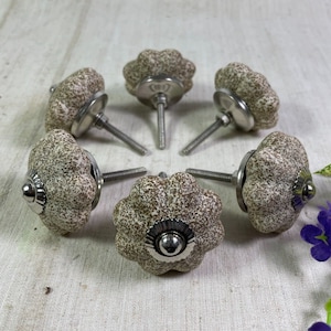 May include: Six decorative cabinet knobs with a speckled beige and brown floral design. Each knob has a silver-coloured metal base and screw for easy installation. The knobs are arranged in a circular pattern.