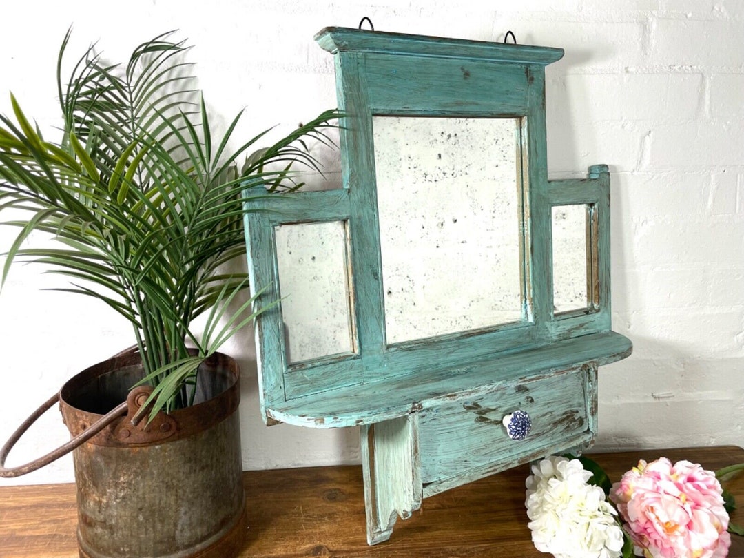 Antique Indian Colonial Wooden Bathroom Shaving Wall Mirror Storage ...