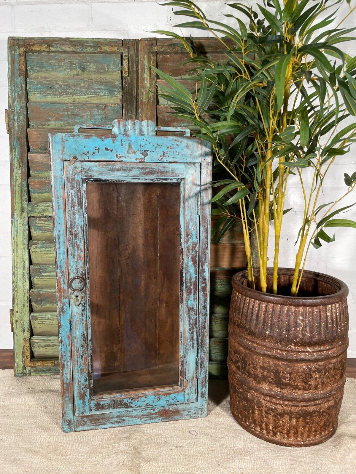 Blue Painted Teak Glazed Wall Cabinet - Ca 1930 Blue Painted Teak Glazed Wall Cabinet - Ca 1930