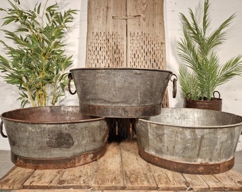 Large Vintage Galvanised Iron Trough Tub Log Basket Garden Planter
